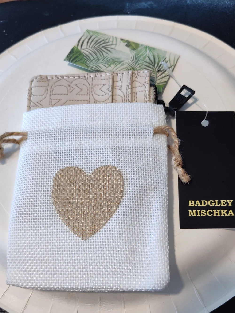 Badgley Mischka Mini Card Holder  Cream Monogram  Black Logo 4 X 3 NWT $39 msrp
